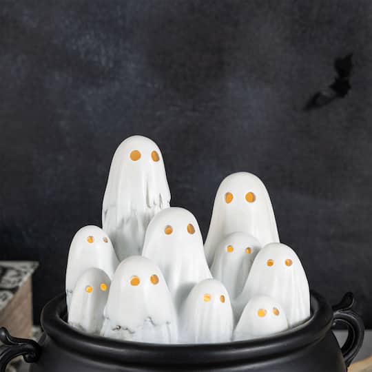 Glitzhome® 9" Halloween Lighted Polyresin Ghosts in Cauldron Table Decor with Timer